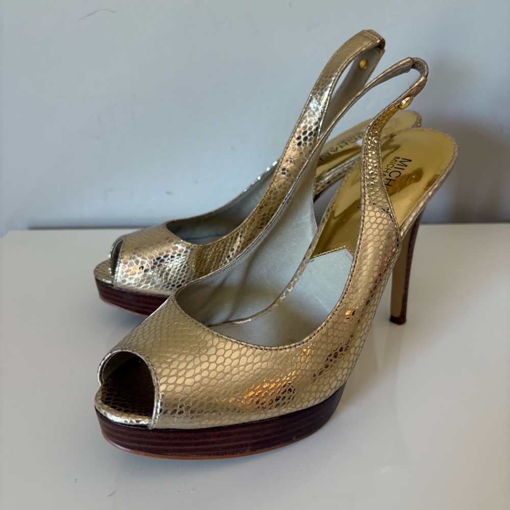 Michael Kors Women’s Gold Peep-Toe Slingback High Heels